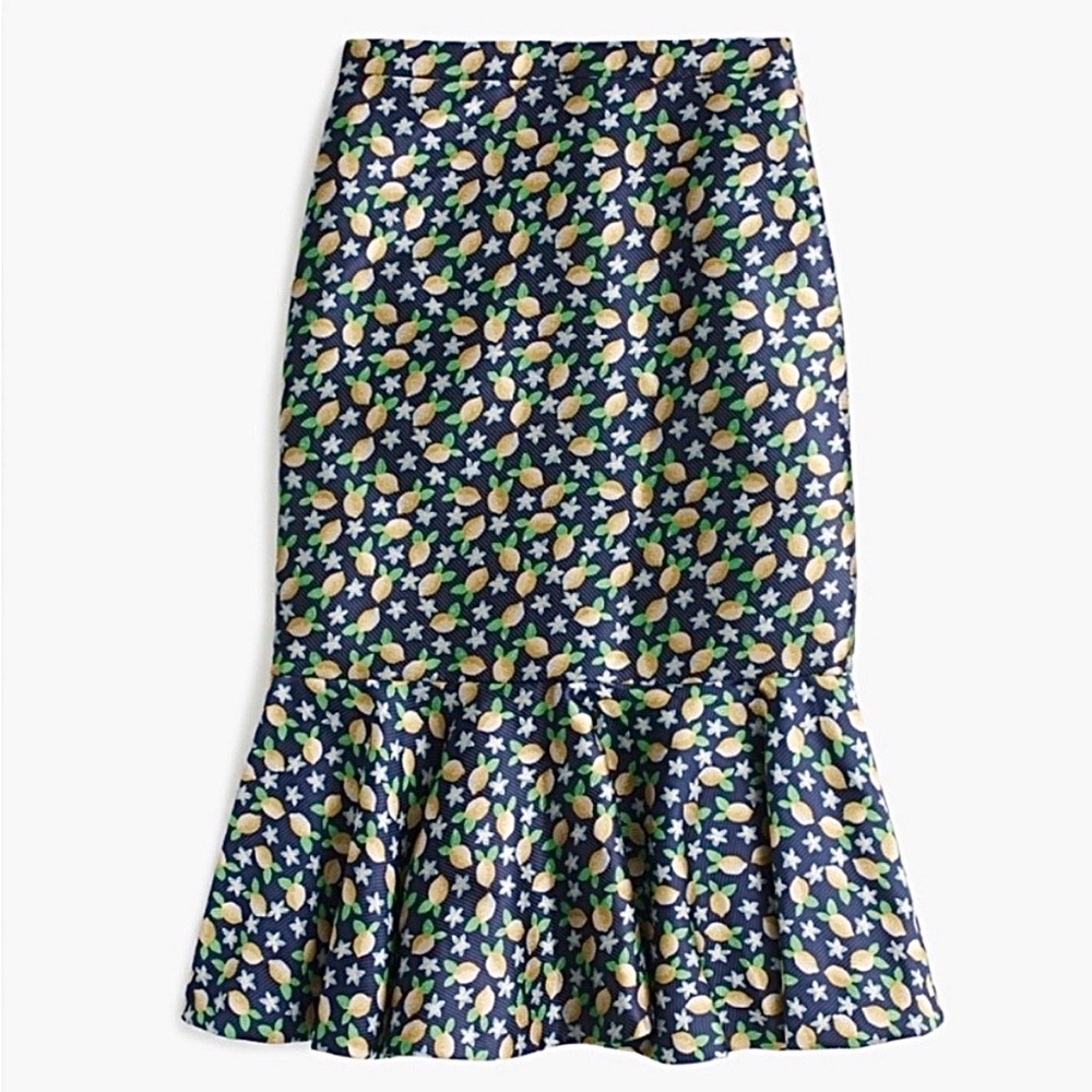 J.Crew 365 Lemon Print Trumpet Midi Skirt Ruffle Hem Navy Cottagecore Size 4
